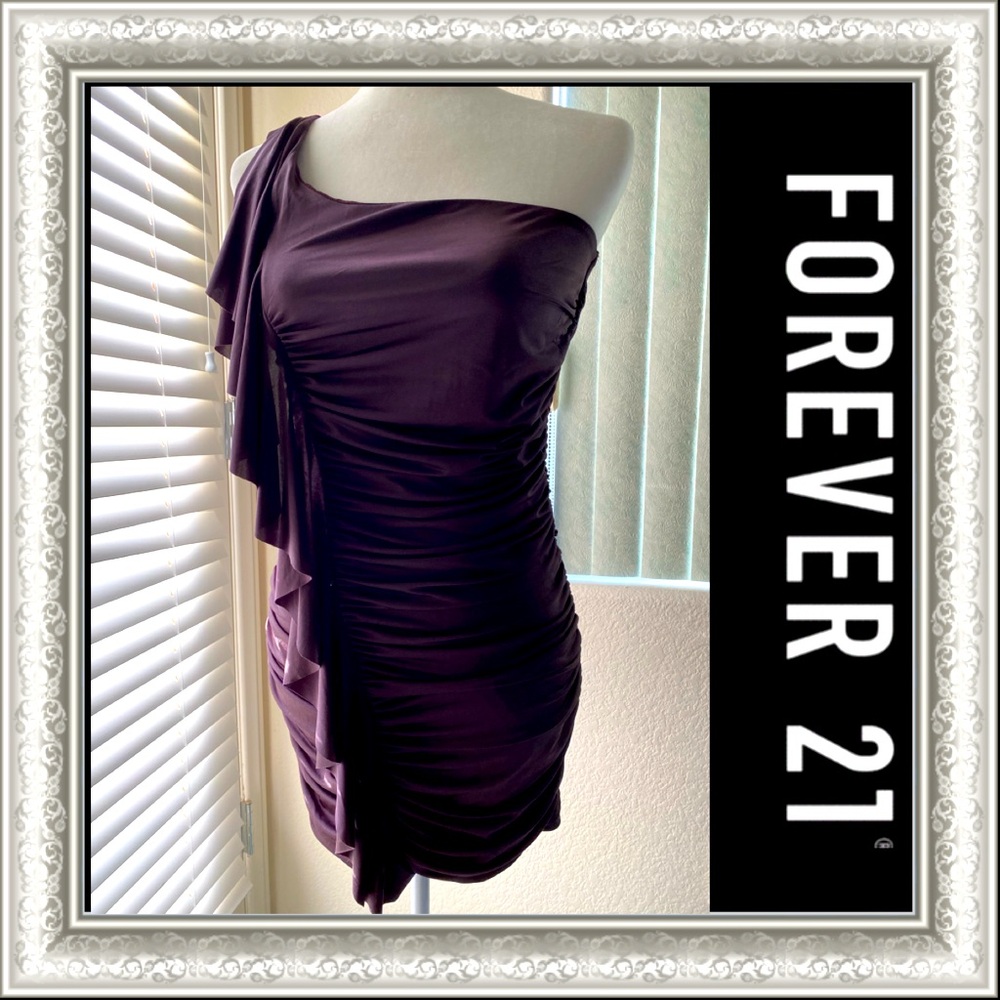 “Forever 21” One Shoulder Ruffled Dark Mauve Mini Dress